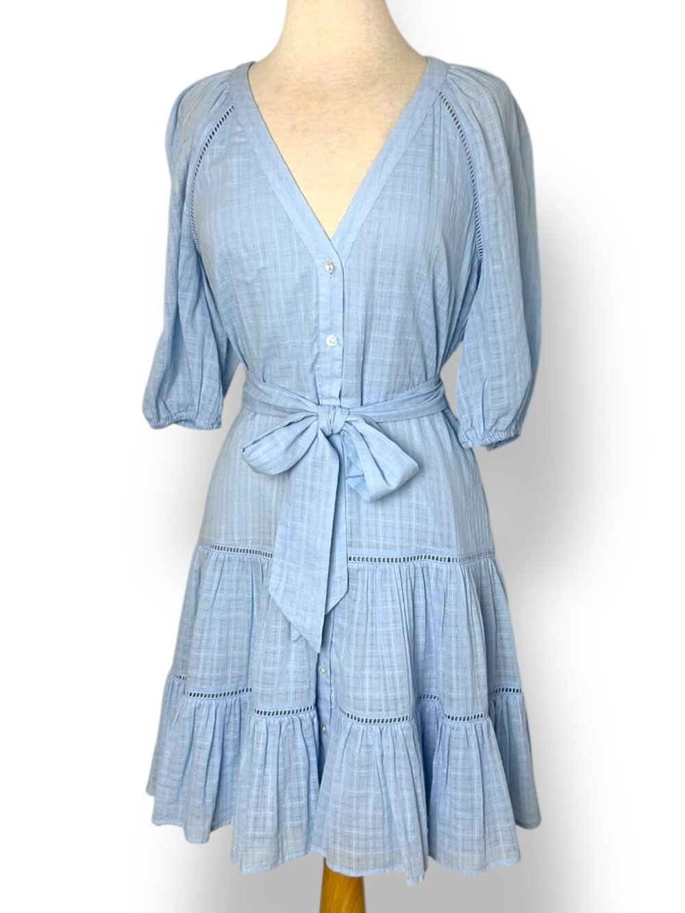 Veronica Beard Dewey Tiered Dress Blue Mist Tie Belt 100% Cotton Lined Sz 4